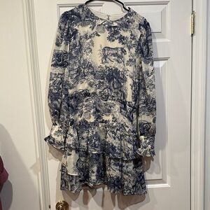 Aqua Cream and Navy Toile Long Sleeve Tiered Dress